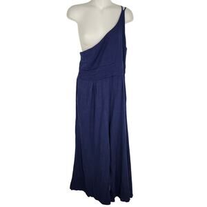 Women Jumpsuit Size XL Linen Viscose Single Shoulder Wide Leg Crop Smocking Blue
